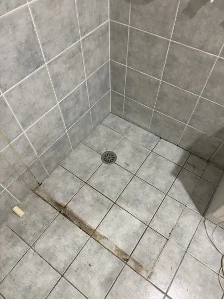 shower base with mouldy deteriorated grout and damaged silicone before repair